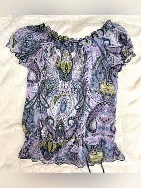 B Wear Byer Y2K Paisley sheer blouse ruffles and elastic waist purple green M